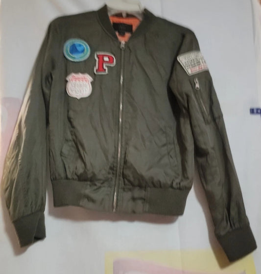 Satin Bomber Jacket by Iris Zip Front Patches Womens Size Small