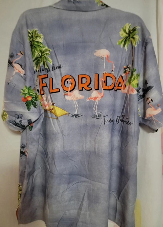 Tommy Bahama Men's Hawaiian Shirt Greetings From Florida Flamingo Size Medium