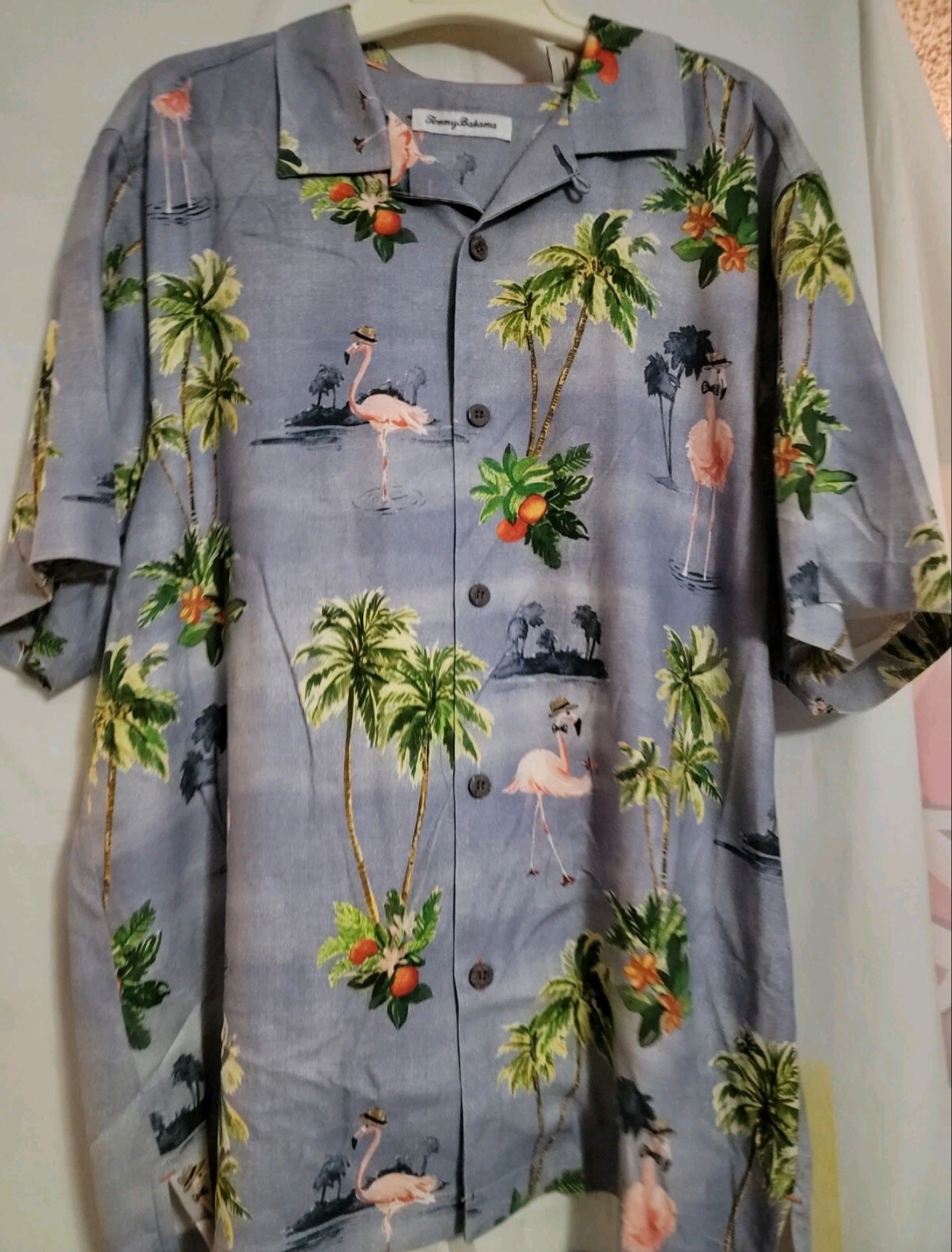 Tommy Bahama Men's Hawaiian Shirt Greetings From Florida Flamingo Size Medium
