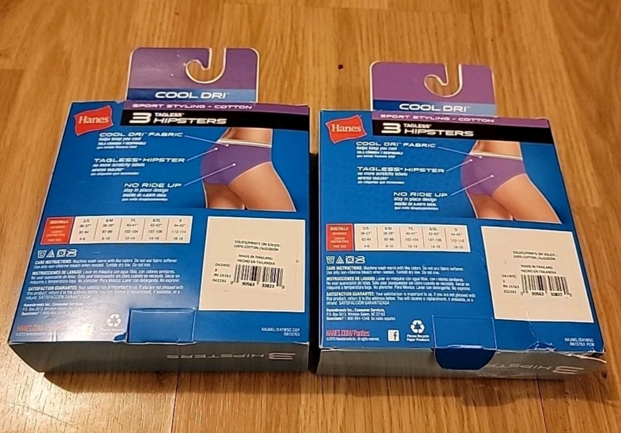 Hanes Cool Dri Womans Tagless Hipsters Size 9 2XL (6 Pairs-2 Boxes)
