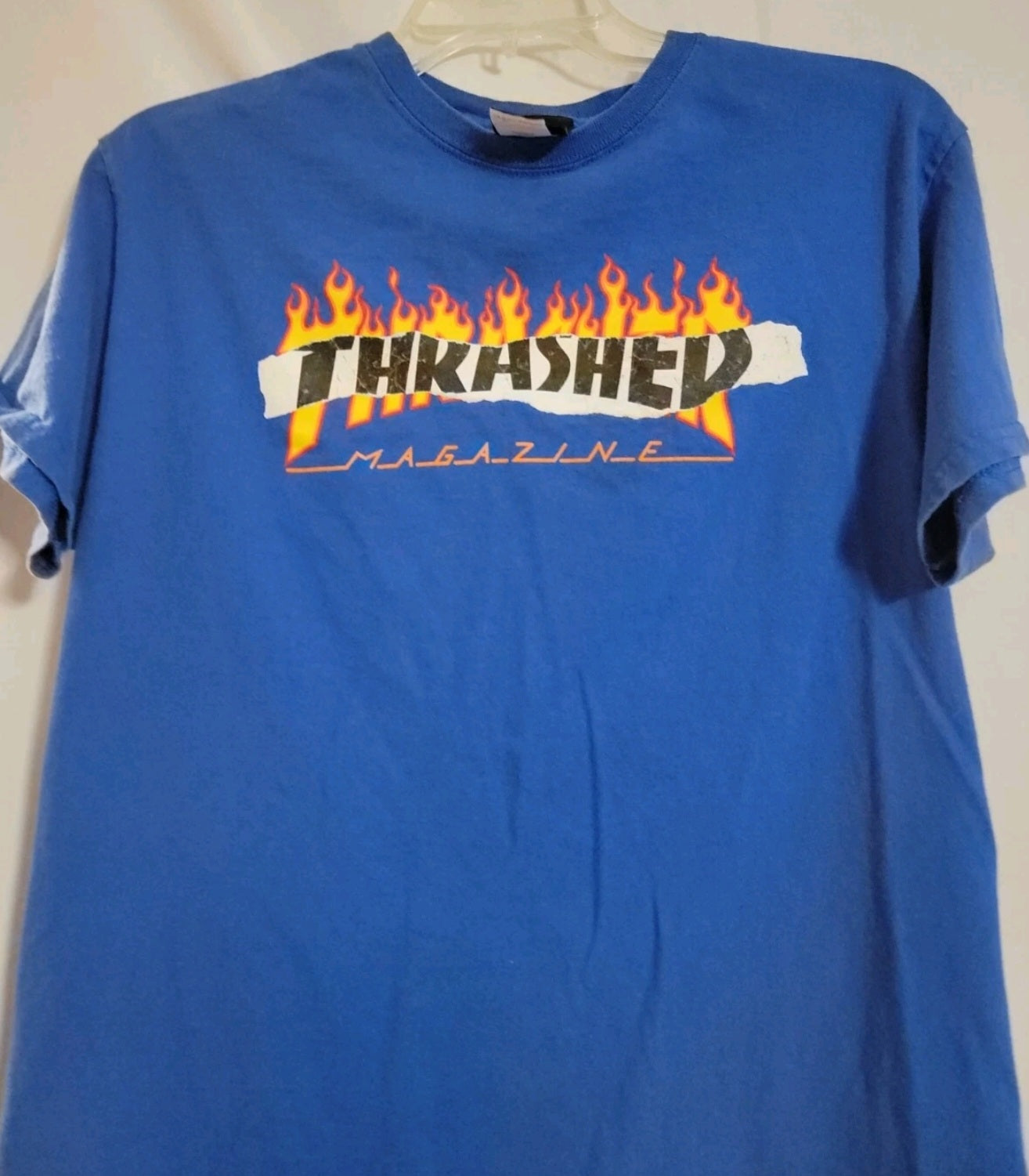 Vintage Thrasher Magazine Blue Shirt Mens Size Medium Skateboarding Ripped Flame