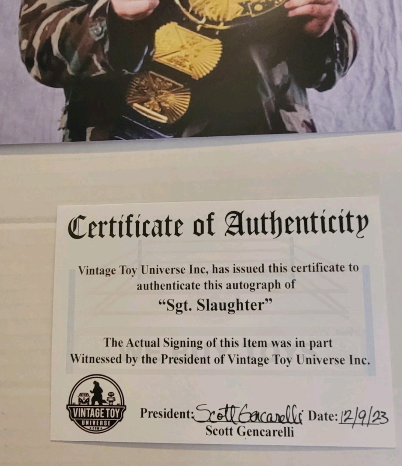 Sgt. Slaughter Autographed Title Belt Photo with COA