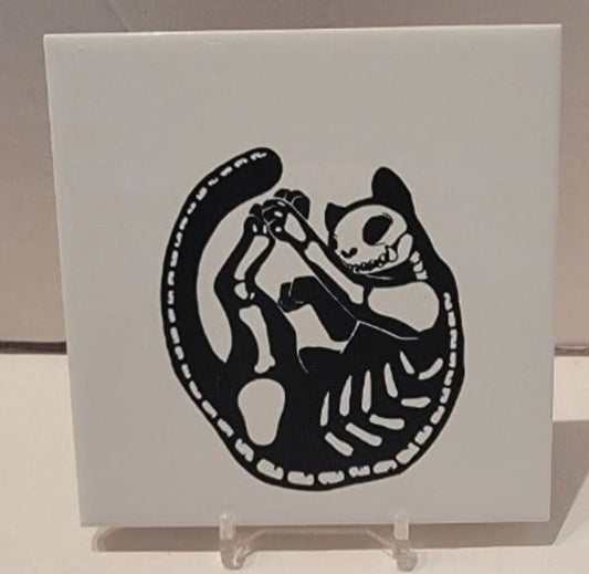 Skeleton Cat Ceramic Tile Coaster