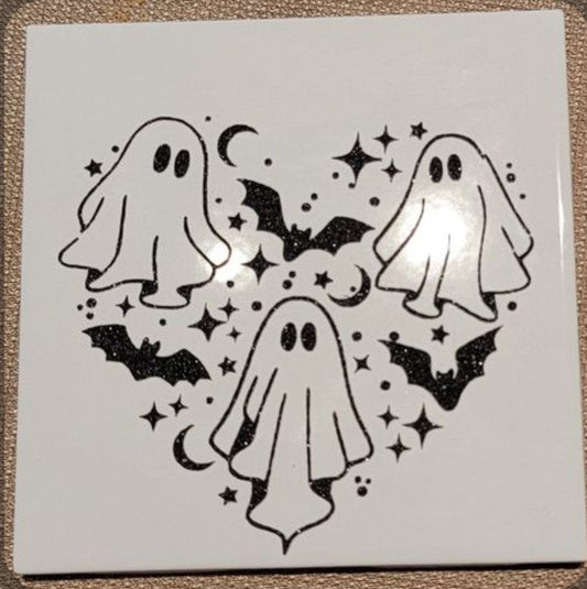 Ghosts and Bats Heart Tile Coaster