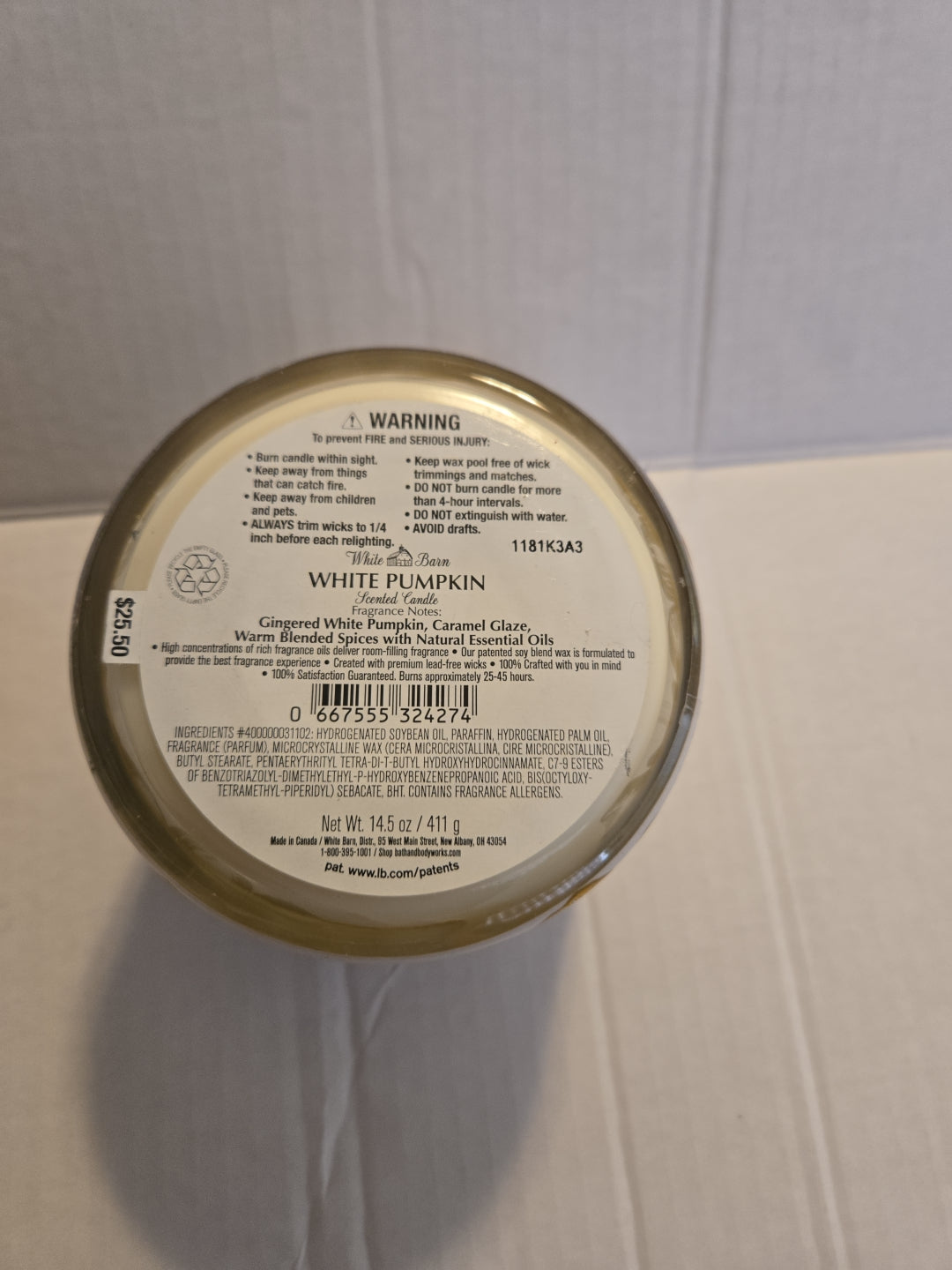 White Barn White Pumpkin 3 Wick Candle 14.5 oz