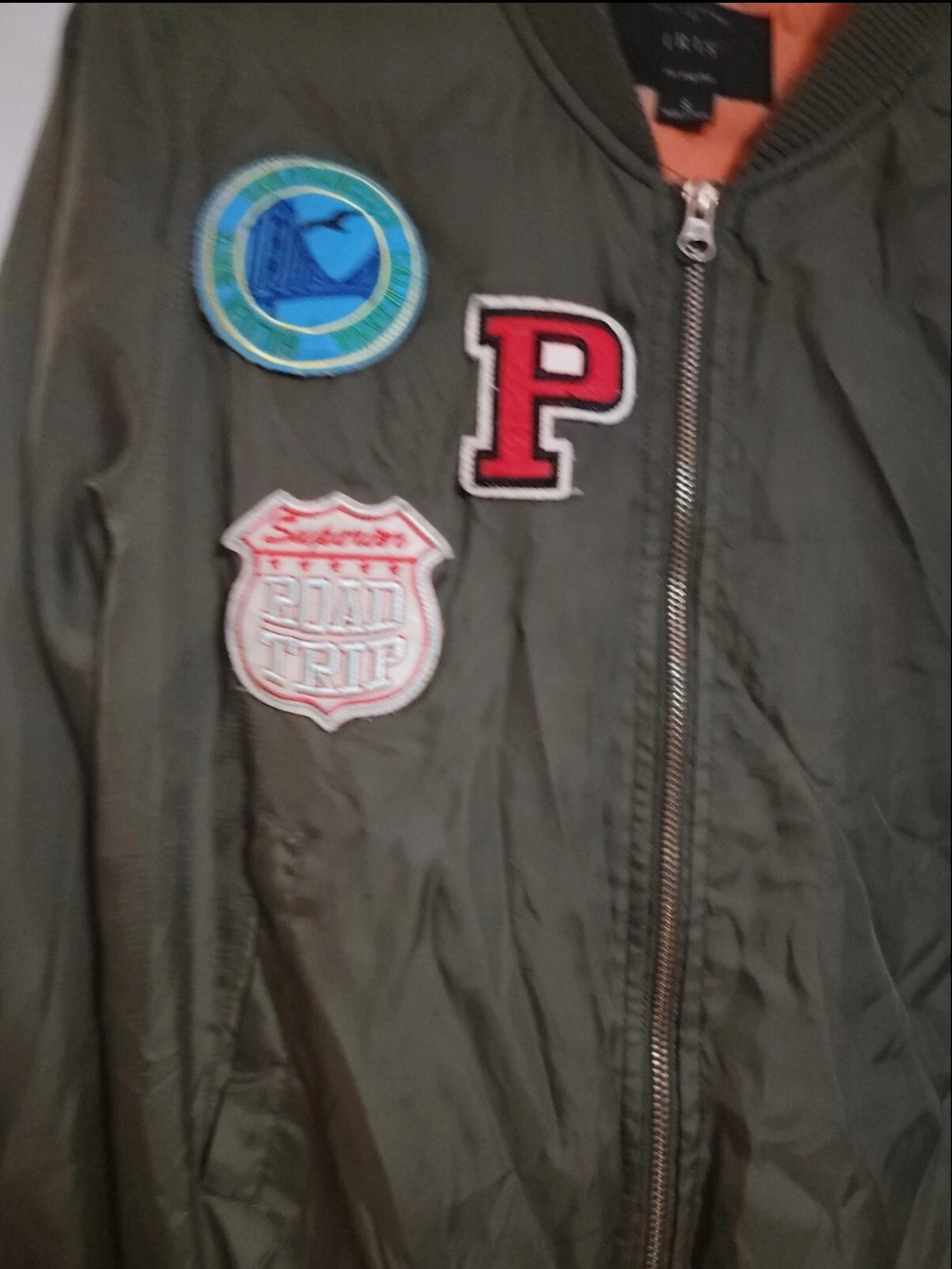 Satin Bomber Jacket by Iris Zip Front Patches Womens Size Small