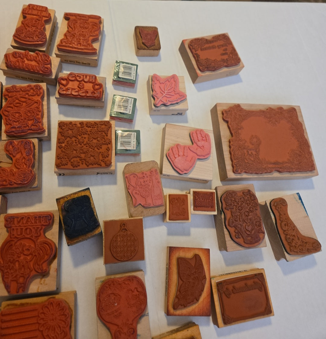 Lot of 40 Wood Rubber Stamps