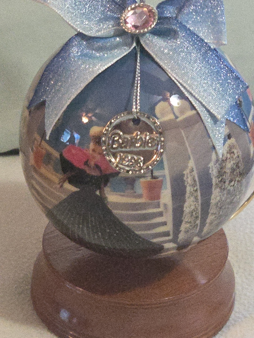 Barbie 1998 Holiday 4" Decoupage Ornament With Wooden Ornament Stand