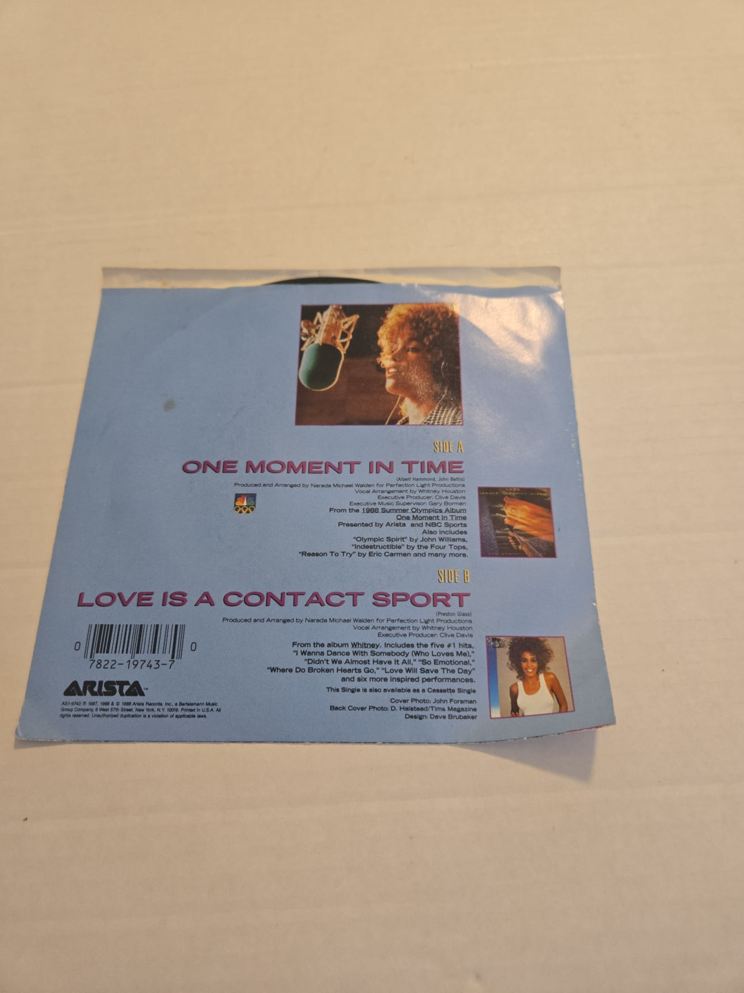 Whitney Houston One Moment in Time 1988 Olympics 45 RPM  Vinyl Record
