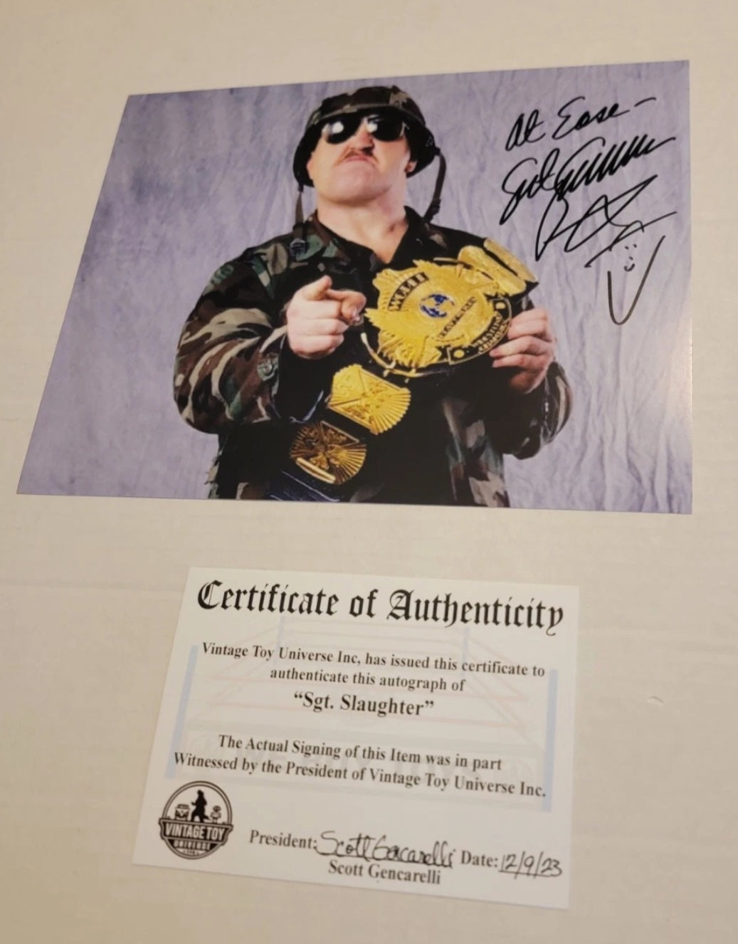 Sgt. Slaughter Autographed Title Belt Photo with COA