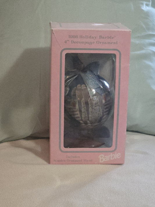 Barbie 1998 Holiday 4" Decoupage Ornament With Wooden Ornament Stand