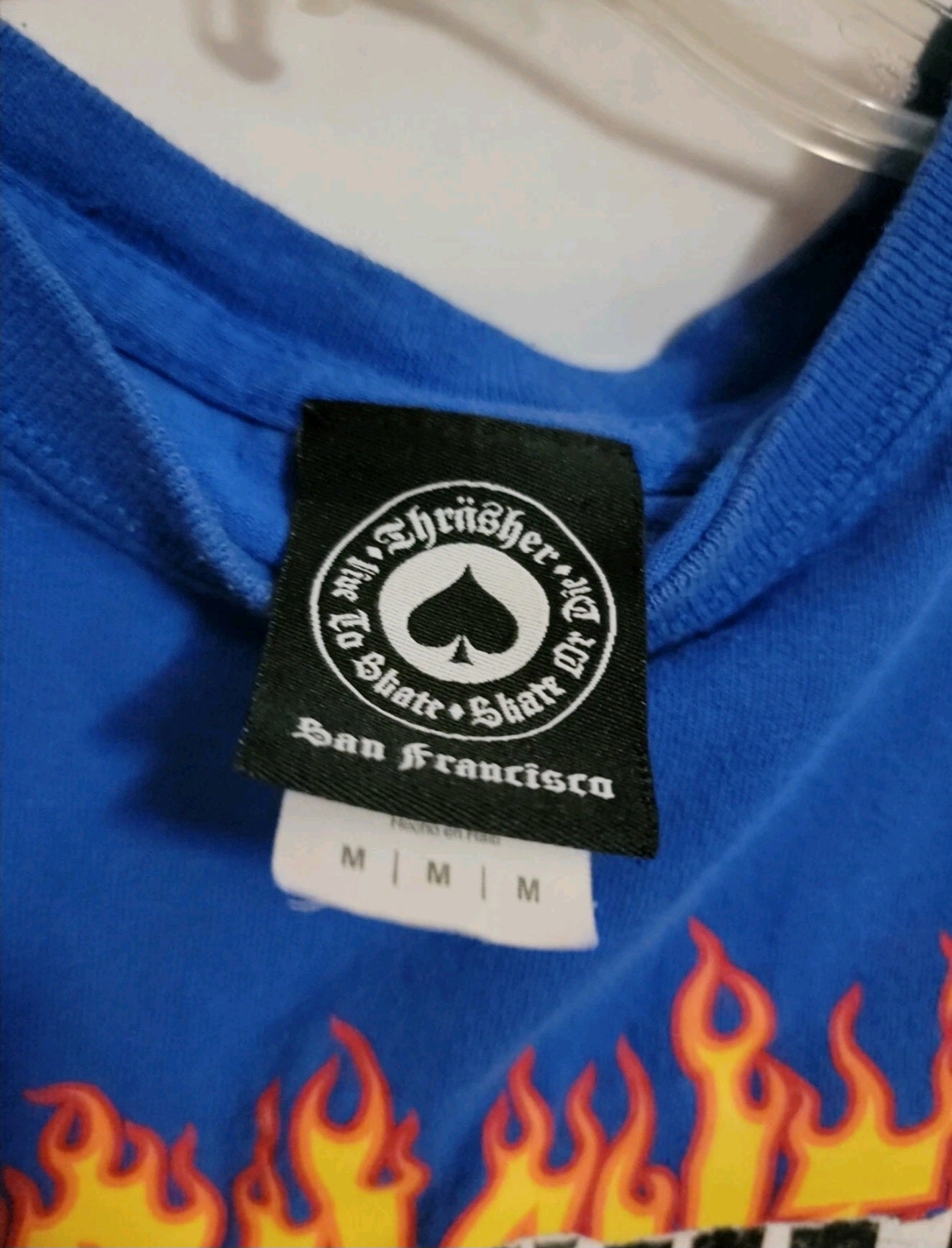 Vintage Thrasher Magazine Blue Shirt Mens Size Medium Skateboarding Ripped Flame