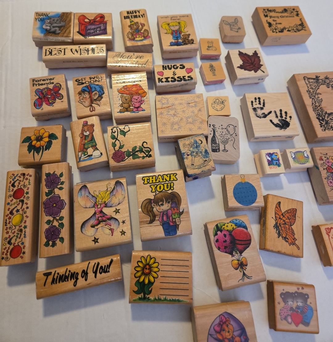 Lot of 40 Wood Rubber Stamps