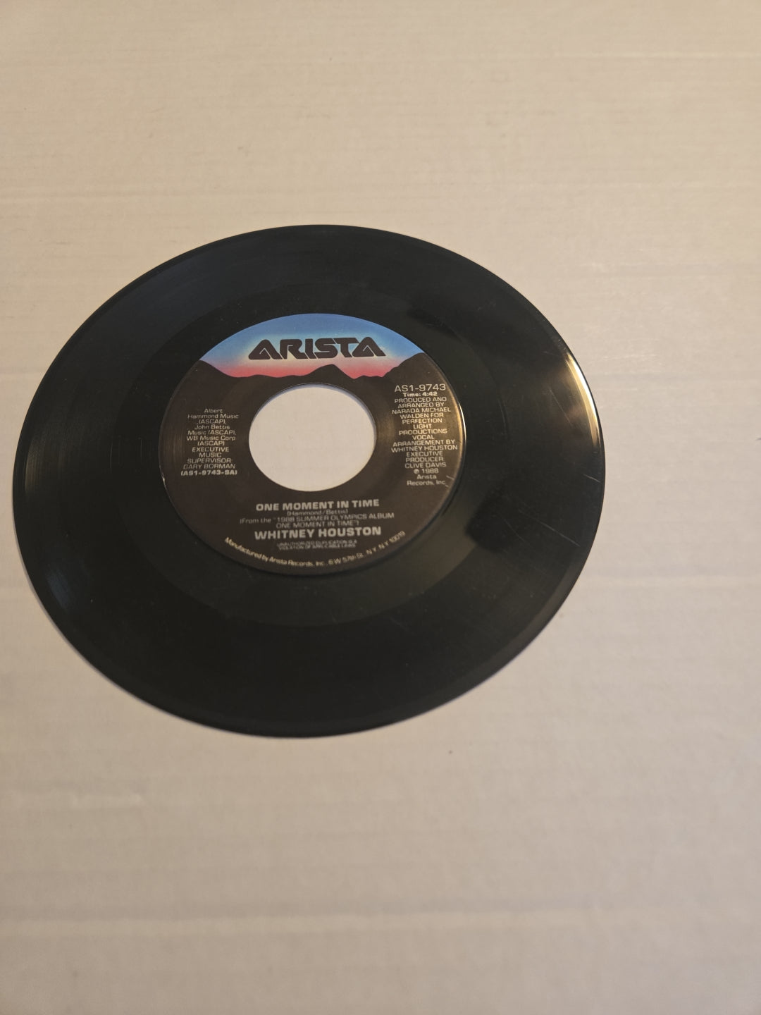 Whitney Houston One Moment in Time 1988 Olympics 45 RPM  Vinyl Record