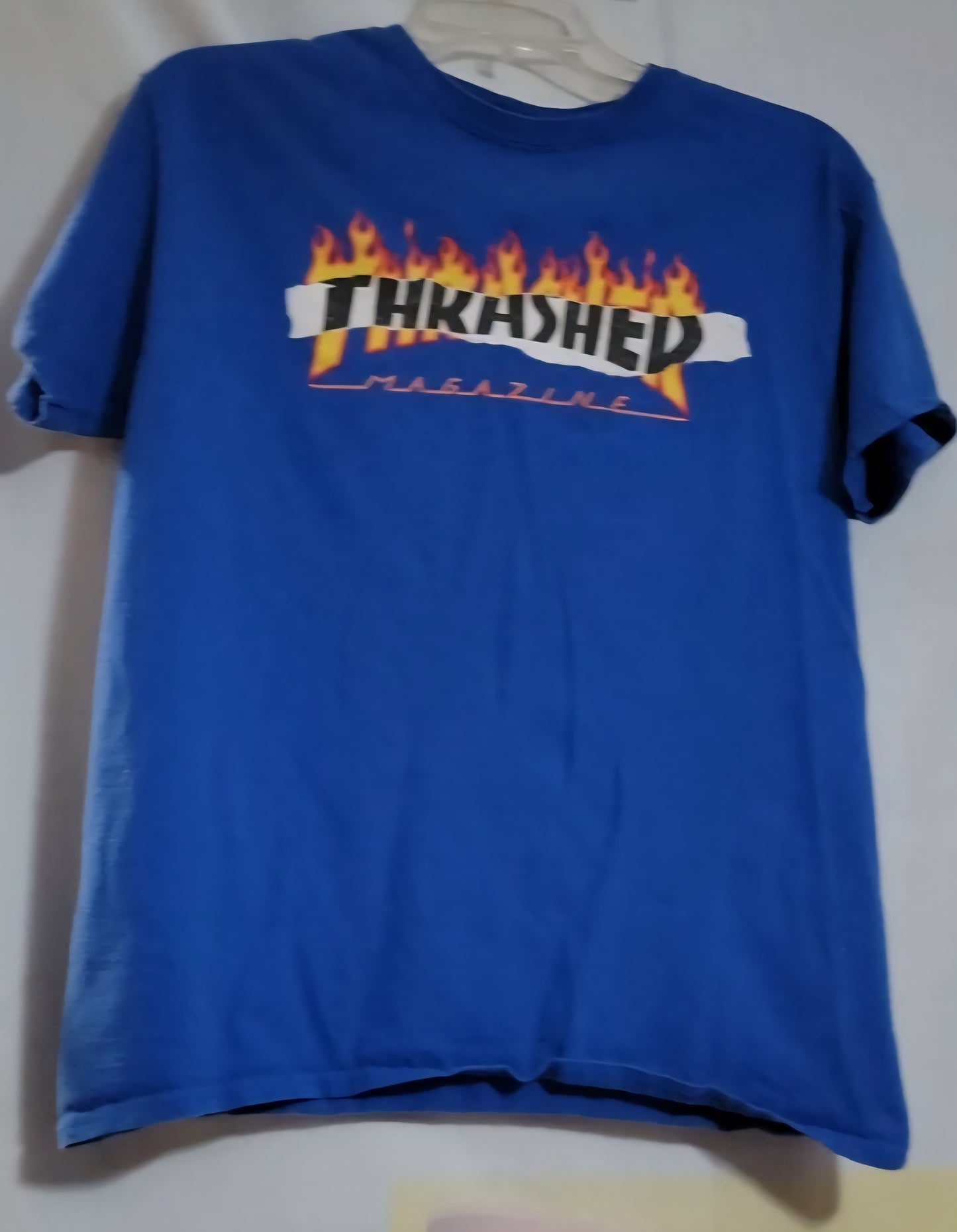 Vintage Thrasher Magazine Blue Shirt Mens Size Medium Skateboarding Ripped Flame