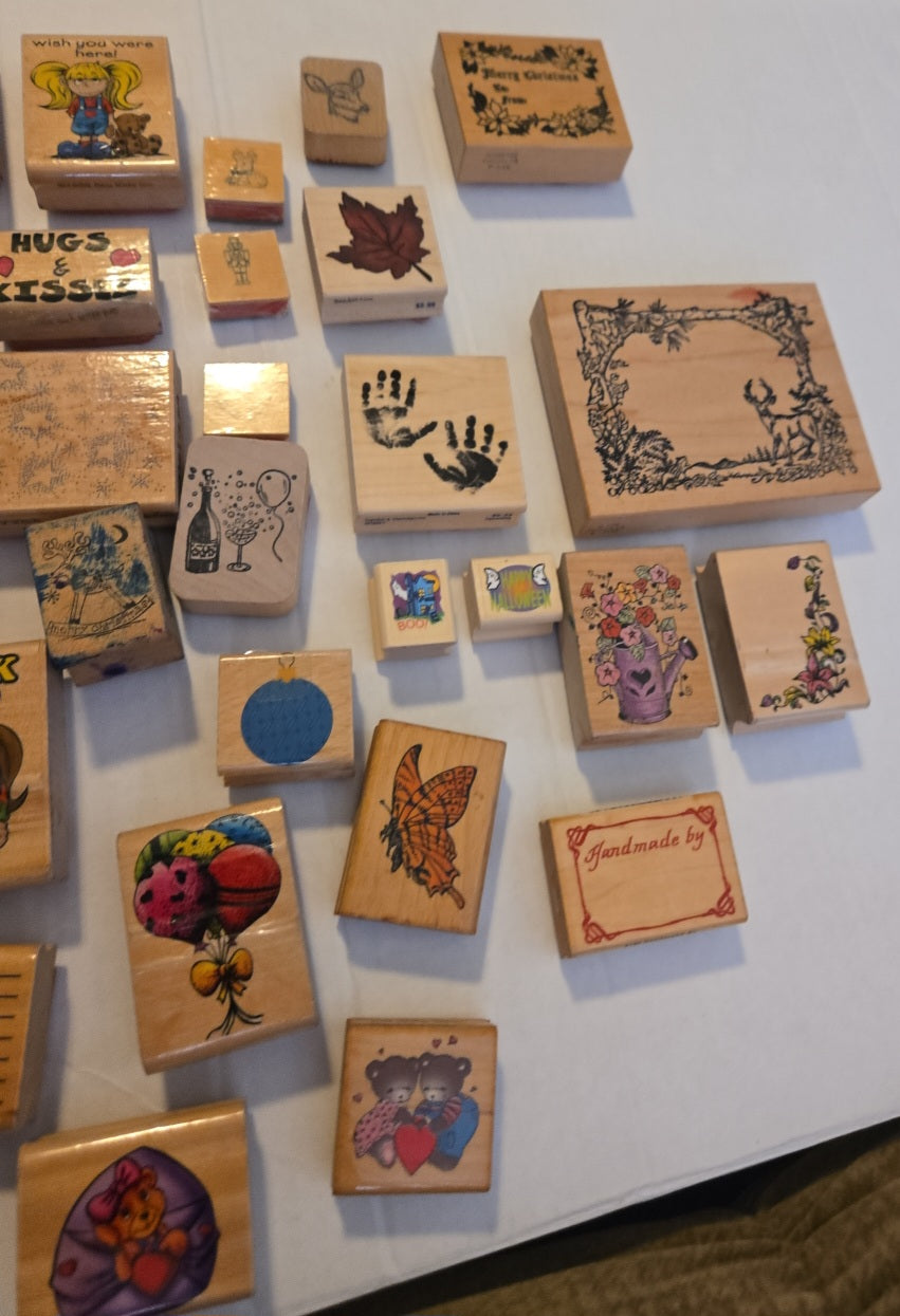 Lot of 40 Wood Rubber Stamps