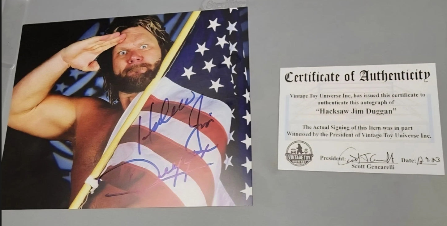 Hacksaw Jim Duggan Autographed American Flag Photo with COA