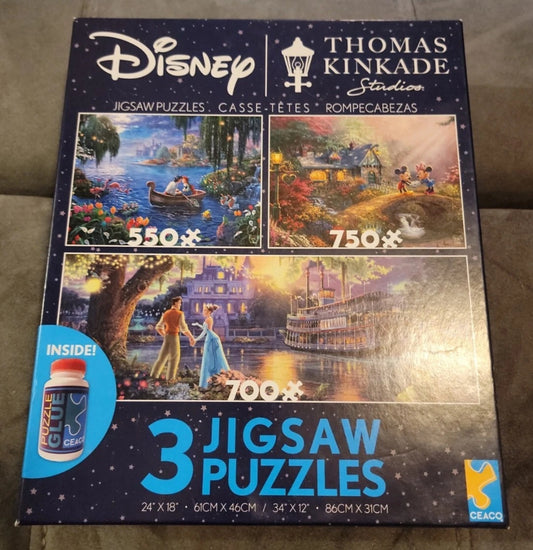 Ceaco 3-in-1 Thomas Kinkade Disney Jigsaw Puzzles Ariel, Minnie, and Tiana