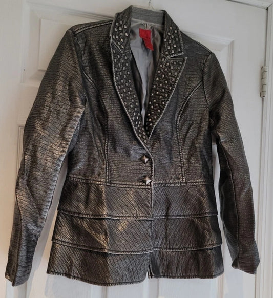 V Cristina Silver Studded Vegan Leather Moto Jacket Size Large
